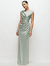 Side View Thumbnail - Willow Green High Neck Sleeveless Cap Shoulder Satin Maxi Dress