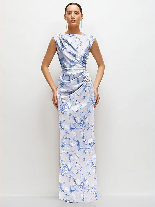 Floral High Neck Sleeveless Cap Shoulder Satin Maxi Dress