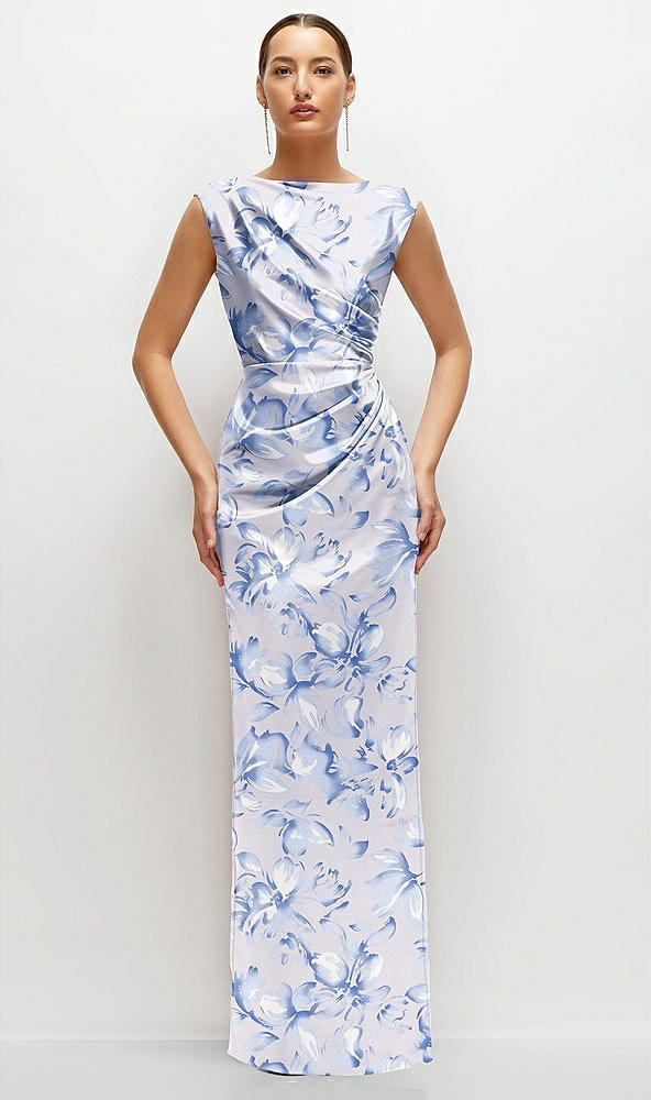 Front View - Magnolia Sky Floral High Neck Sleeveless Cap Shoulder Satin Maxi Dress