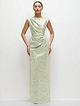 Front View Thumbnail - Vintage Primrose Celadon Floral High Neck Sleeveless Cap Shoulder Satin Maxi Dress