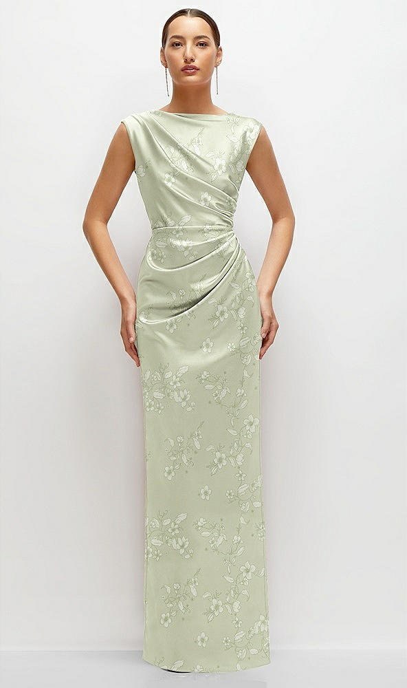 Front View - Vintage Primrose Celadon Floral High Neck Sleeveless Cap Shoulder Satin Maxi Dress