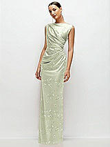 Side View Thumbnail - Vintage Primrose Celadon Floral High Neck Sleeveless Cap Shoulder Satin Maxi Dress