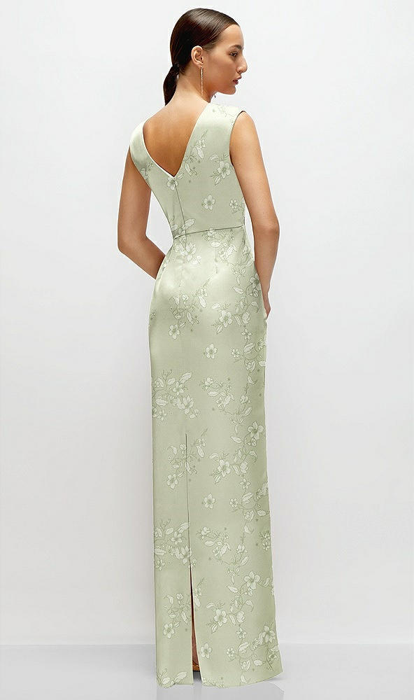 Back View - Vintage Primrose Celadon Floral High Neck Sleeveless Cap Shoulder Satin Maxi Dress