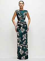 Front View Thumbnail - Vintage Primrose Evergreen Floral High Neck Sleeveless Cap Shoulder Satin Maxi Dress