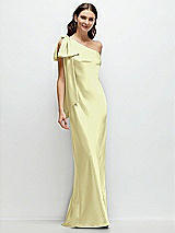 Front View Thumbnail - Butter Yellow One-Shoulder Bias-Cut Satin Maxi Dress with Cascading Shoulder Bow