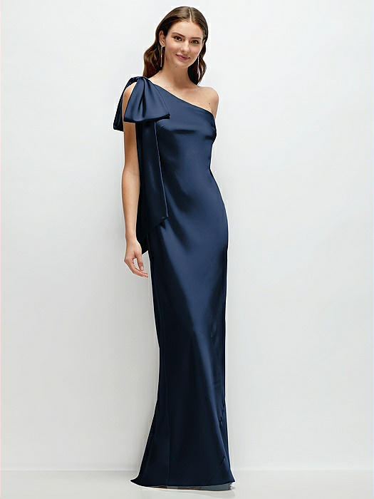 One-Shoulder Bias-Cut Satin Maxi Dress with Cascading Shoulder Bow