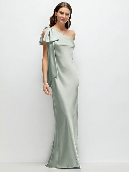 One-Shoulder Bias-Cut Satin Maxi Dress with Cascading Shoulder Bow