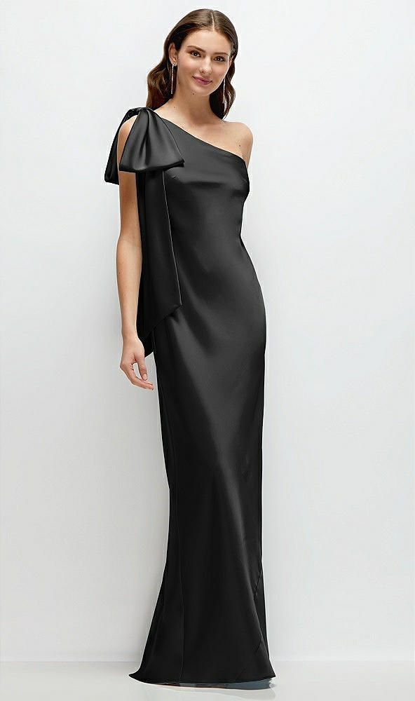 Front View - Black One-Shoulder Bias-Cut Satin Maxi Dress with Cascading Shoulder Bow