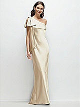 Front View Thumbnail - Champagne One-Shoulder Bias-Cut Satin Maxi Dress with Cascading Shoulder Bow