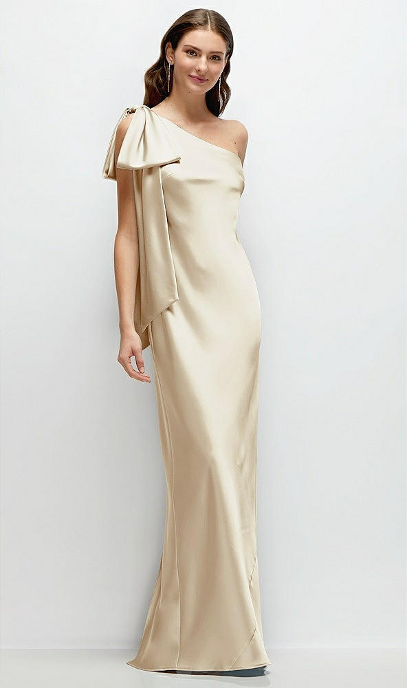 Front View - Champagne One-Shoulder Bias-Cut Satin Maxi Dress with Cascading Shoulder Bow