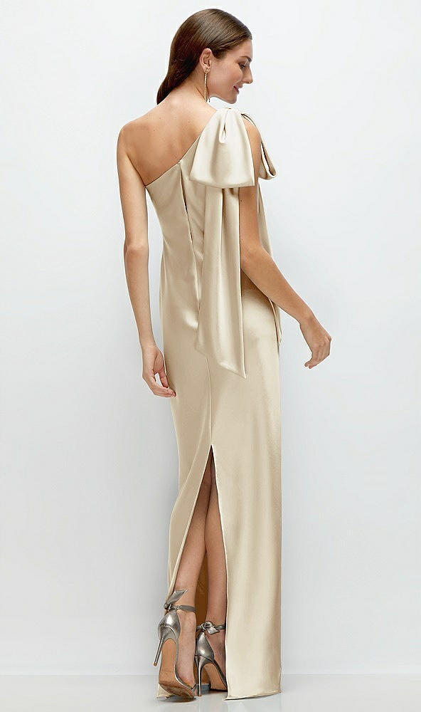 Back View - Champagne One-Shoulder Bias-Cut Satin Maxi Dress with Cascading Shoulder Bow