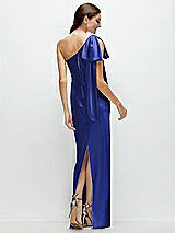 Rear View Thumbnail - Cobalt Blue One-Shoulder Bias-Cut Satin Maxi Dress with Cascading Shoulder Bow