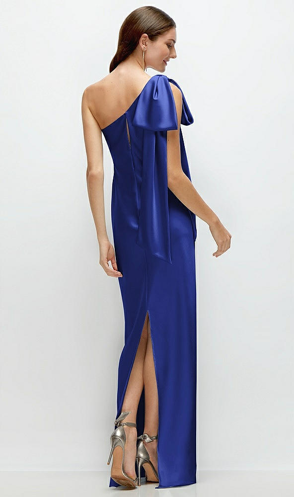 Back View - Cobalt Blue One-Shoulder Bias-Cut Satin Maxi Dress with Cascading Shoulder Bow