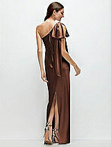 Rear View Thumbnail - Cognac One-Shoulder Bias-Cut Satin Maxi Dress with Cascading Shoulder Bow