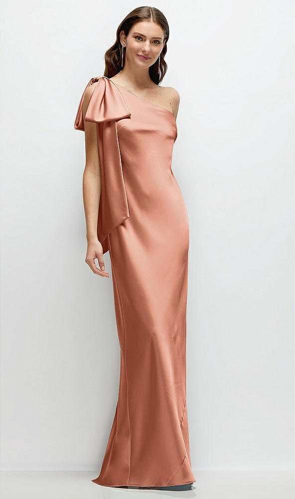 Front View - Copper Penny One-Shoulder Bias-Cut Satin Maxi Dress with Cascading Shoulder Bow