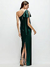 Rear View Thumbnail - Evergreen One-Shoulder Bias-Cut Satin Maxi Dress with Cascading Shoulder Bow