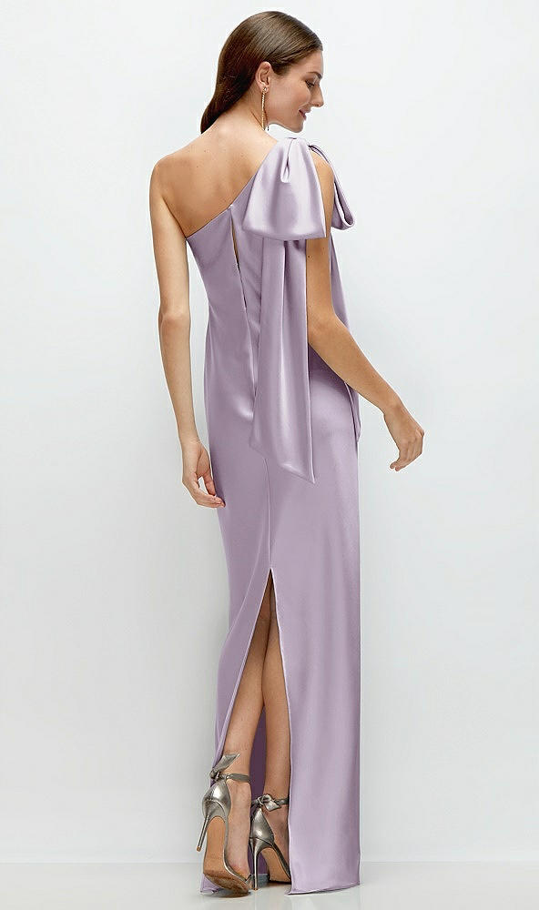 Back View - Lilac Haze One-Shoulder Bias-Cut Satin Maxi Dress with Cascading Shoulder Bow