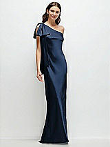 Front View Thumbnail - Midnight Navy One-Shoulder Bias-Cut Satin Maxi Dress with Cascading Shoulder Bow