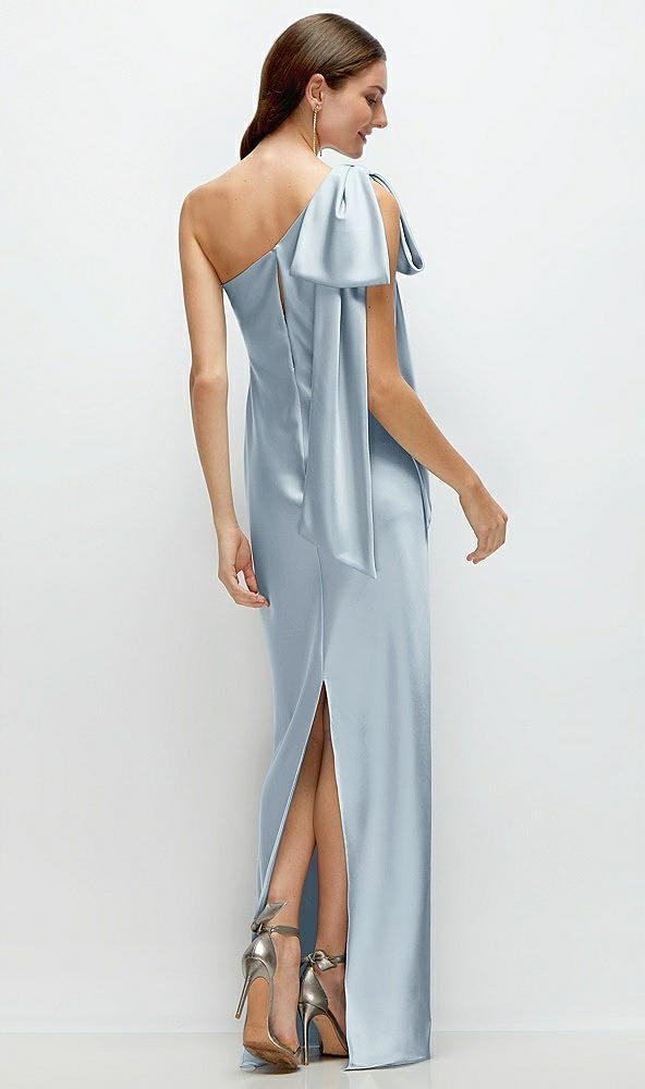 Back View - Mist One-Shoulder Bias-Cut Satin Maxi Dress with Cascading Shoulder Bow