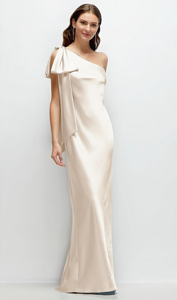 Front View - Oat One-Shoulder Bias-Cut Satin Maxi Dress with Cascading Shoulder Bow