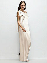 Side View Thumbnail - Oat One-Shoulder Bias-Cut Satin Maxi Dress with Cascading Shoulder Bow