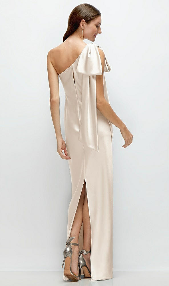 Back View - Oat One-Shoulder Bias-Cut Satin Maxi Dress with Cascading Shoulder Bow