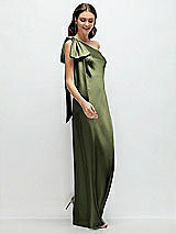 Side View Thumbnail - Olive Green One-Shoulder Bias-Cut Satin Maxi Dress with Cascading Shoulder Bow