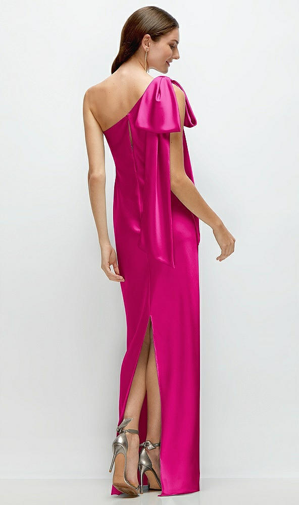 Back View - Think Pink One-Shoulder Bias-Cut Satin Maxi Dress with Cascading Shoulder Bow