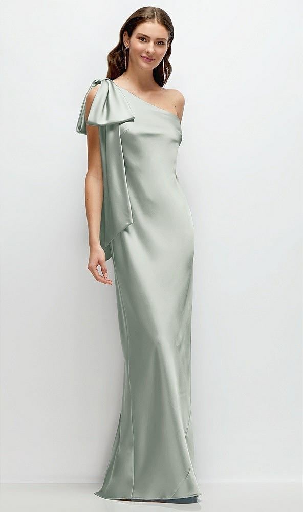 Front View - Willow Green One-Shoulder Bias-Cut Satin Maxi Dress with Cascading Shoulder Bow