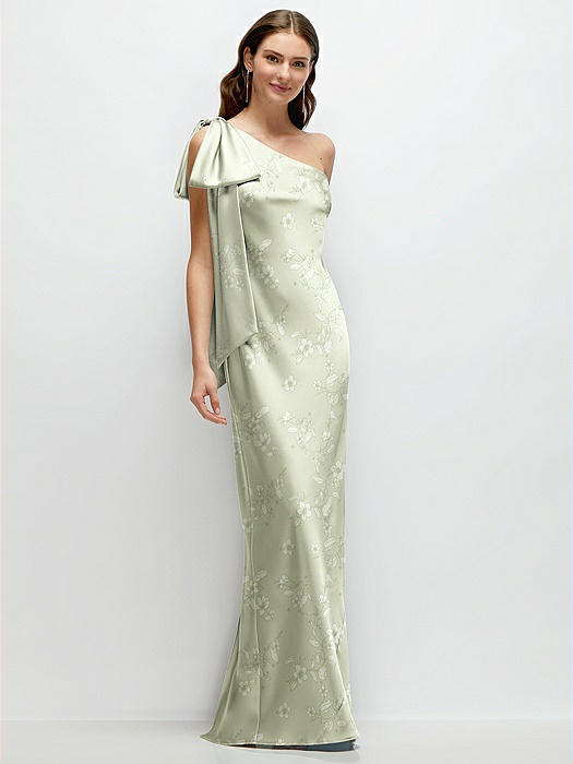 One-Shoulder Bias-Cut Floral Satin Maxi Dress with Cascading Shoulder Bow