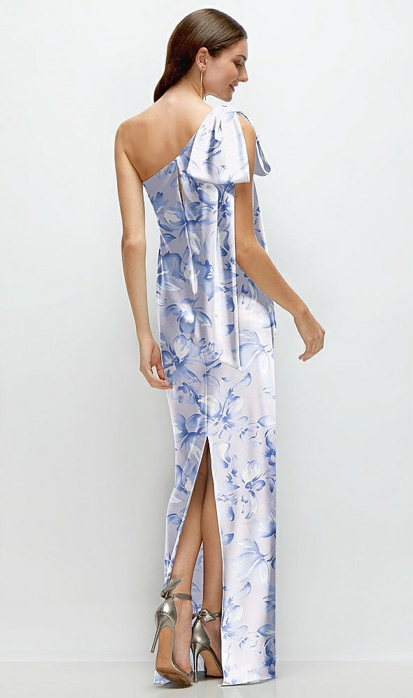 Back View - Magnolia Sky One-Shoulder Bias-Cut Floral Satin Maxi Dress with Cascading Shoulder Bow