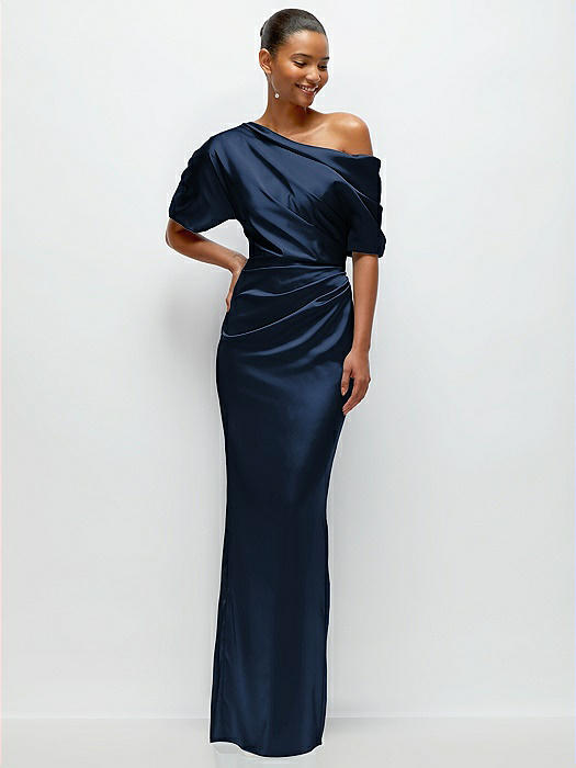 Asymmetrical Off-the-Shoulder Pleated Satin Maxi Dress