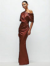 Side View Thumbnail - Auburn Moon Asymmetrical Off-the-Shoulder Pleated Satin Maxi Dress