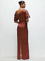 Rear View Thumbnail - Auburn Moon Asymmetrical Off-the-Shoulder Pleated Satin Maxi Dress