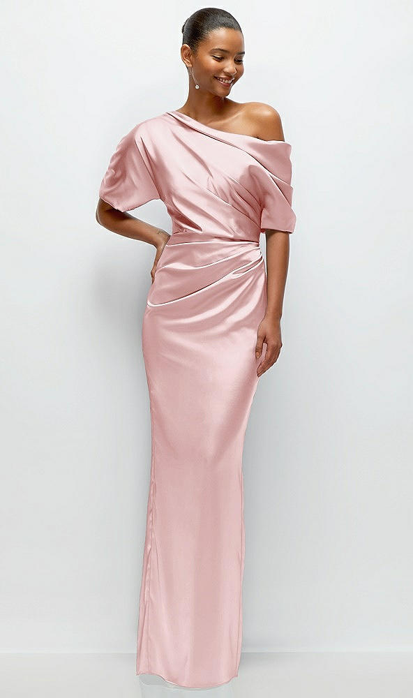 Front View - Ballet Pink Asymmetrical Off-the-Shoulder Pleated Satin Maxi Dress