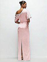 Rear View Thumbnail - Ballet Pink Asymmetrical Off-the-Shoulder Pleated Satin Maxi Dress