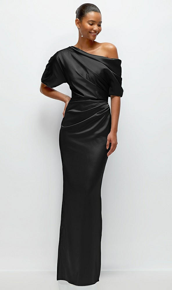 Front View - Black Asymmetrical Off-the-Shoulder Pleated Satin Maxi Dress