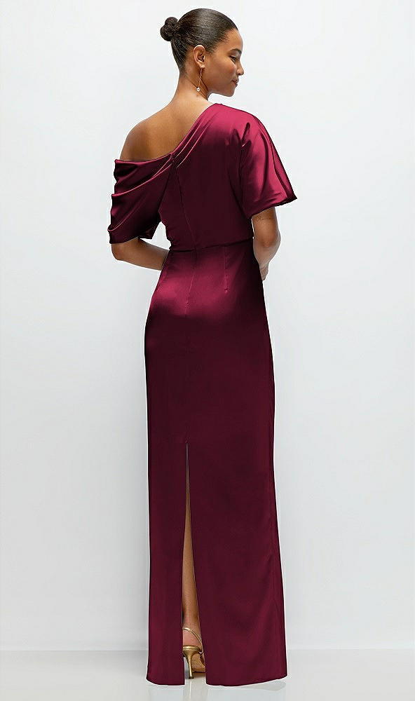 Back View - Cabernet Asymmetrical Off-the-Shoulder Pleated Satin Maxi Dress