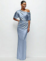 Front View Thumbnail - Cloudy Asymmetrical Off-the-Shoulder Pleated Satin Maxi Dress