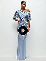 Video 1 Thumbnail - Olive Green Asymmetrical Off-the-Shoulder Pleated Satin Maxi Dress