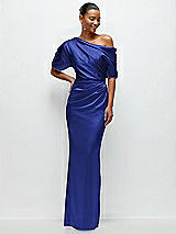 Front View Thumbnail - Cobalt Blue Asymmetrical Off-the-Shoulder Pleated Satin Maxi Dress