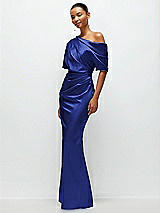 Side View Thumbnail - Cobalt Blue Asymmetrical Off-the-Shoulder Pleated Satin Maxi Dress