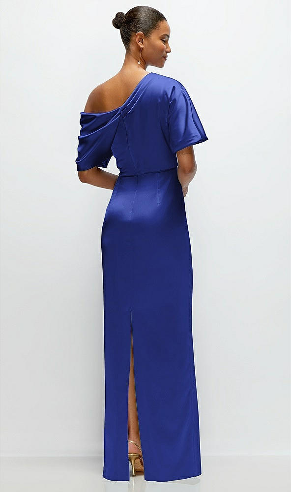 Back View - Cobalt Blue Asymmetrical Off-the-Shoulder Pleated Satin Maxi Dress