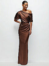 Front View Thumbnail - Cognac Asymmetrical Off-the-Shoulder Pleated Satin Maxi Dress