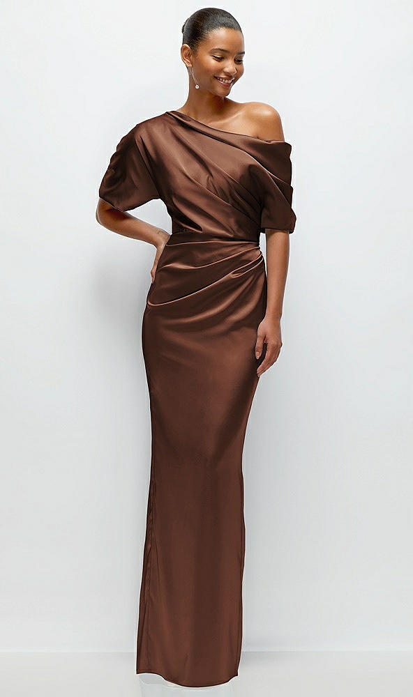 Front View - Cognac Asymmetrical Off-the-Shoulder Pleated Satin Maxi Dress