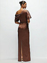 Rear View Thumbnail - Cognac Asymmetrical Off-the-Shoulder Pleated Satin Maxi Dress