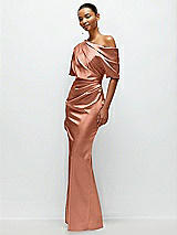 Side View Thumbnail - Copper Penny Asymmetrical Off-the-Shoulder Pleated Satin Maxi Dress