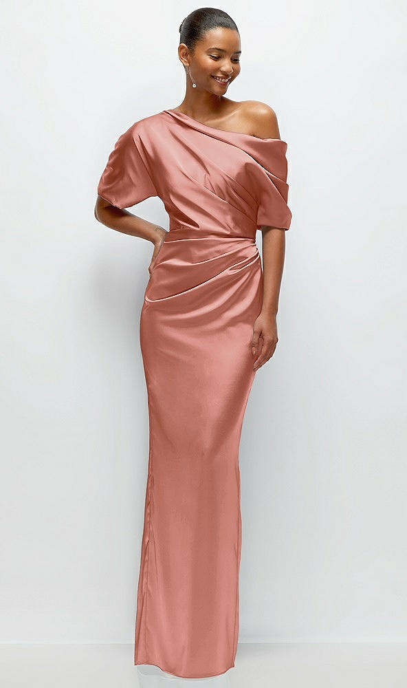 Front View - Desert Rose Asymmetrical Off-the-Shoulder Pleated Satin Maxi Dress