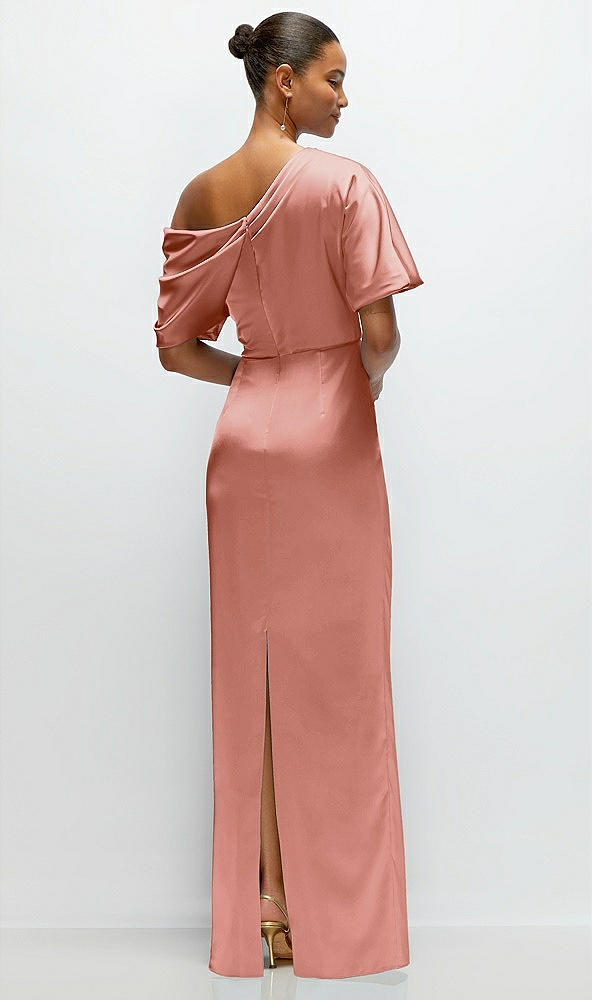 Back View - Desert Rose Asymmetrical Off-the-Shoulder Pleated Satin Maxi Dress