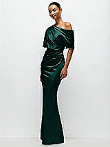 Side View Thumbnail - Evergreen Asymmetrical Off-the-Shoulder Pleated Satin Maxi Dress